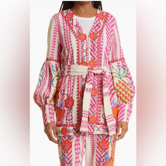 FARM Rio Jackets & Blazers - Farm Rio Embroidered jacquard Pink and Cream Belted jacket